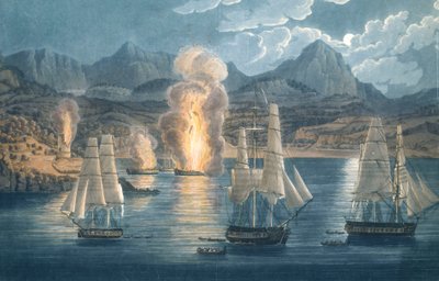 Los ingleses destruyen barcos franceses en la bahía de Sagone, Córcega, el 30 de abril de 1811 (aguatinta coloreada) de Unknown artist