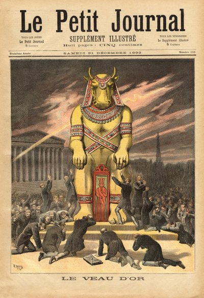 Los diputados franceses, frente a los escalones de la Asamblea Nacional, arrodillados para adorar al becerro de oro, símbolo de idolatría y materialismo, la ilustración testifica el engaño de los ahorradores que se enteraron de que su dinero solo se usaba  de Unknown artist