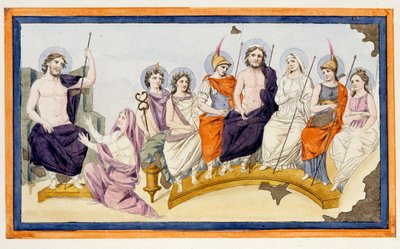 Los dioses del Olimpo y a la izquierda Tetis, madre de Aquiles, se arrodilla ante Zeus (Júpiter) para suplicarle que ayude a su hijo contra Agamenón y apoye a los troyanos. La Ilíada, Canto I, Grabado de finales del siglo XVIII. de Unknown artist