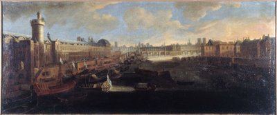 La Grande Galerie del Louvre, con la Porte Neuve, el Pont-Neuf, la Cité, el Collège des Quatres-Nations en construcción y el Quai Malaquais, hacia 1665, en el Sena la galera real, actuales distritos 1 y 6, entre 1660 y de Unknown artist