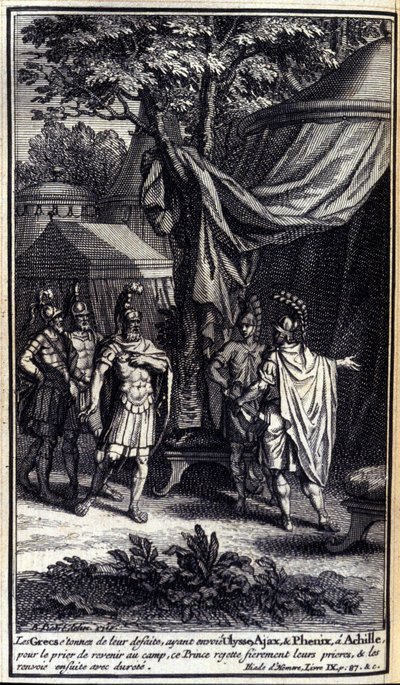 Los griegos, asombrados por su derrota, envían a Ulises, Áyax y Fénix a Aquiles para rogarle que regrese al campamento. Este príncipe rechaza orgullosamente sus súplicas y luego los envía de vuelta. Ilustración del libro IX de la Ilíada de Homero, edición  de Unknown artist