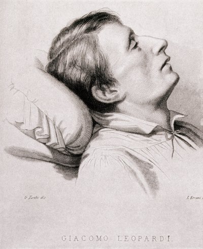 El poeta italiano Giacomo Leopardi (1798-1837) en su lecho de muerte. Grabado del siglo XIX de Unknown artist