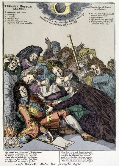 El rey desmayado y los cortesanos lo rodean, llorando: burla sobre las solapas de Luis XIV en los Países Bajos e Italia en 1706 de Unknown artist