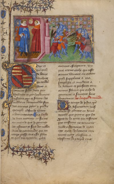 El rey de Dinamarca con clérigos y una escena de batalla de Unknown artist