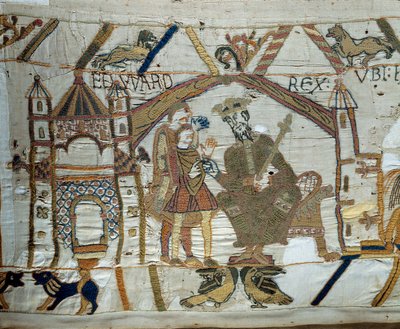 El rey de Inglaterra Eduardo el Confesor instruye a Harold para confirmar al duque de Normandía Guillermo el Conquistador (1027-1087) que será su sucesor al trono de Inglaterra (detalle) de Unknown artist