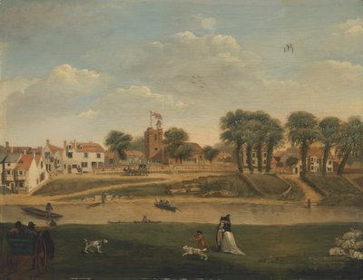La antigua iglesia parroquial y el pueblo, Hampton-on-Thames, Middlesex, siglo XVIII de Unknown artist
