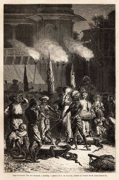 El Pantchami naga, o fiesta de la serpiente, en Bombay, para asegurar la protección contra sus mordeduras mortales, largas procesiones de mujeres cruzan las calles hacia las afueras de los templos, donde encontrarán ofrendas de arroz y azúcar al dios Krish de Unknown artist