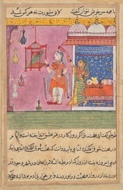 El Loro se dirige a Khujasta al comienzo de la Decimonovena Noche, de un Tuti-nama (Cuentos de un Loro) de Unknown artist