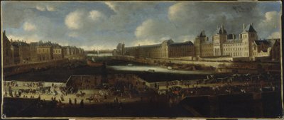 El Pont-Neuf, visto desde la entrada de la Place Dauphine, el Quai Malaquais con el Collège des Quatre-Nations en construcción, la Grande Galerie y el Louvre, hacia 1665, entre 1660 y 1670 (óleo sobre lienzo). de Unknown artist