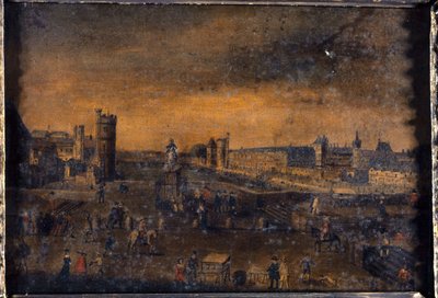 El Pont-Neuf, visto desde la entrada de la Place Dauphine, el Hôtel de Nevers, la Tour de Nesle, la Grande Galerie, con la Porte Neuve, y el Louvre, hacia 1640, actuales distritos 1º y 6º, entre 1635 y 1645 (óleo sobre lienzo). de Unknown artist