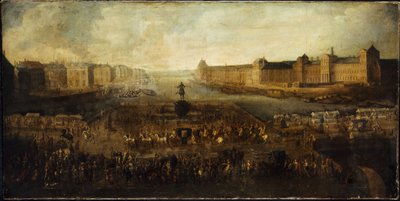 El Pont-Neuf, visto desde la entrada de la plaza Dauphine, el Quai Malaquais con el Collège des Quatres-Nations, la Grande Galerie y el Louvre, hacia 1665. de Unknown artist