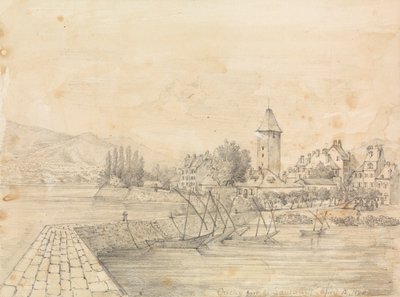 El puerto de Ouchy; estudio en grafito de dos mujeres con gorra de Unknown artist