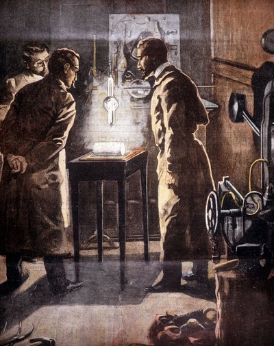 El Roentgen (Röntgen) o rayos X. Descubierto en 1895. Ilustración que representa el experimento. de Unknown artist