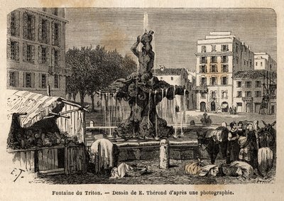 La Fuente del Tritón, en Roma, creada en 1643 por Gian Lorenzo Bernini conocido como Le Bernini (1598-1680), en la Plaza Barberini. Grabado para ilustrar el viaje a Roma, por Francis Wey, en 1864-1868, publicado en “Le tour du monde, nouveau journal des vo de Unknown artist