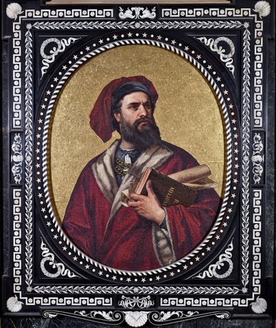 El explorador veneciano Marco Polo sosteniendo bajo su brazo 