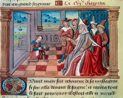El navegante veneciano Marco Polo (1254-1324) frente al gran Qubilai (Kubilai Khan, primer emperador de la dinastía Yuan mongola (1215-1294). Miniatura tomada de "El Libro de las Maravillas" de Unknown artist