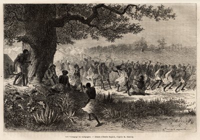 Los Vouagogo (tribu de Tanzania) en preparación para la guerra, bajo el árbol, el autor de la historia Henry Morton Stanley (1841-1904). Grabado para ilustrar el viaje en busca de Livingstone, en África central, por Henry Stanley, corresponsal del 