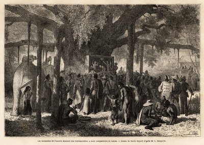 Los anamitas de la escolta de Garnier dan una representación improvisada a sus compatriotas en Lakon (Laos), después de haber montado un pequeño teatro de marionetas al pie de un baniano con un enorme tronco. Grabado para ilustrar el viaje de exploración e de Unknown artist