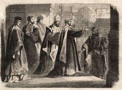 El arzobispo San Ambrosio de Milán (Aurelius Ambrosius, Ambrogio di Milano (340-397) prohibió la entrada a la iglesia al emperador romano Teodosio I (Flavius Theodosius) (347-395) para castigarlo por la masacre de Tesalónica en 390 - Excomunión de Unknown artist