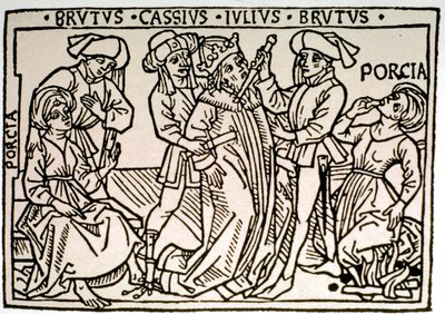 El asesinato de Julio César (100-44 a.C.): es apuñalado por Bruto y Casio mientras Porcia, esposa de Bruto, se desvanece. Xilografía del siglo XVI. Roma, Biblioteca Vallicelliana de Unknown artist