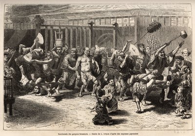 La bacanal de los cerveceros, en la víspera de Año Nuevo, después de recibir su salario y festejar, caminan en una alegre y ruidosa procesión en Edo (actual Tokio), equipados con un enorme fregadero de sake y un largo plumero para empujar los techos, el pr de Unknown artist