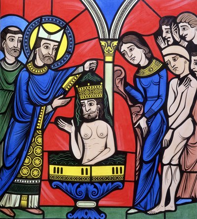 El bautismo de Cristo. Colegio similar a una vidriera de la Catedral de Le Mans. Trazado del siglo XIX de Unknown artist