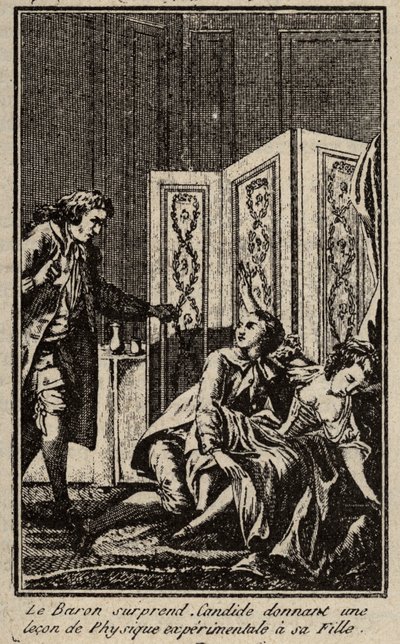 El barón sorprende a Cándido dando una lección de física experimental a su hija. Frontispicio para "Cándido" de François Marie Arouet, conocido como Voltaire. de Unknown artist