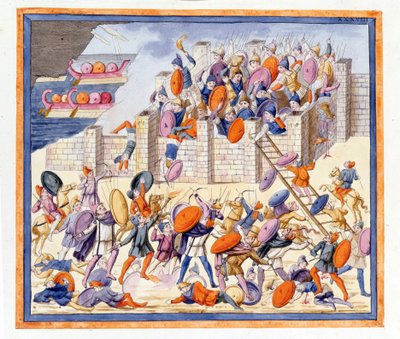 La batalla a ambos lados de los muros construidos por los griegos. La Ilíada, canto XII, grabado de finales del siglo XVIII de Unknown artist