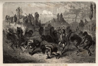 La danza del bisonte realizada por los guerreros de los indios Mandans (o noumah ka kie: faisanes) en la orilla izquierda del Missouri. Grabado para ilustrar una excursión entre las tribus indias de las cuencas de Colombia y el Alto Missouri, por G. Catlin de Unknown artist