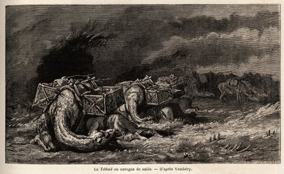 La caravana de camellos atrapada en un huracán de arena llamado tebbad. Dibujo de Emile Bayard (1837-1891), para ilustrar el viaje a Asia Central, en 1863, por Arminius Vambery (científico húngaro disfrazado de derviche). Grabado en "Le tour du monde", edi de Unknown artist