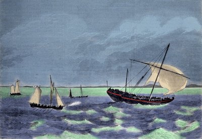 La captura de un dhow (barco árabe) negrero a lo largo de la costa malgache. de Unknown artist