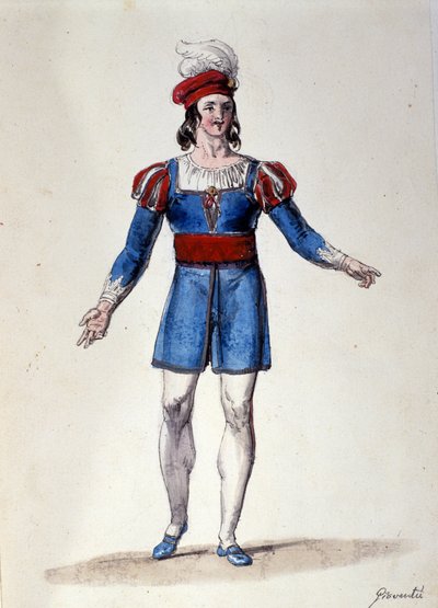 El personaje que interpreta a la Juventud en el ballet “Il noce di Benevento” del compositor austríaco Franz Xaver Sussmayr (1766-1803). Ilustración del siglo XIX de Unknown artist