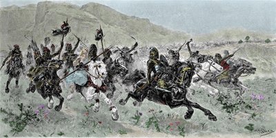La carga de los hunos liderada por Atila (405-453), deferida sobre Italia, siglo V - Grabado por U. Checa de Unknown artist