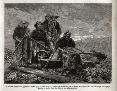 Los clasificadores de carbón, tipo de Creusot; en primer plano, sentada en la carretilla, la mayor de los clasificadores, la madre Dion, 36 años de clasificación. Grabado para ilustrar un viaje a Creusot y las minas de Saona y Loira, en 1865, por L. Simoni de Unknown artist