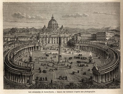 Las columnatas de San Pedro en el Vaticano, traídas por Bernini (1598-1680) en 1655, en un plano elíptico, que se convirtió en un lugar común de la arquitectura barroca y rococó. Grabado para ilustrar el viaje a Roma, por Francis Wey, en 1864-1868, publica de Unknown artist