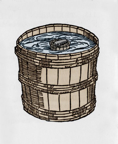 La brújula en su forma más antigua flotando en la superficie del agua. Ilustración de un tratado sobre magnetismo de J. Taisnier de Unknown artist