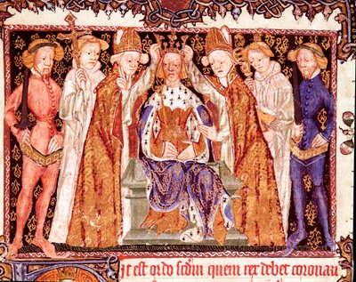 La coronación de un rey. Probablemente el Rey Ricardo II de Inglaterra (1367-1400). Miniatura del manuscrito sobre ritos de coronación 