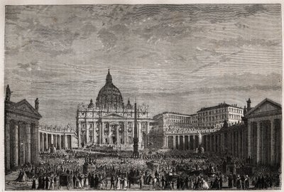 La multitud se apresuró a la Plaza de San Pedro en el Vaticano para recibir la gran bendición de Pascua por el Papa Pío IX (1792-1878). Grabado para ilustrar la historia de la Semana Santa en Roma, en 1863, por Ludovic Celler, en “Le tour du monde, nouveau de Unknown artist