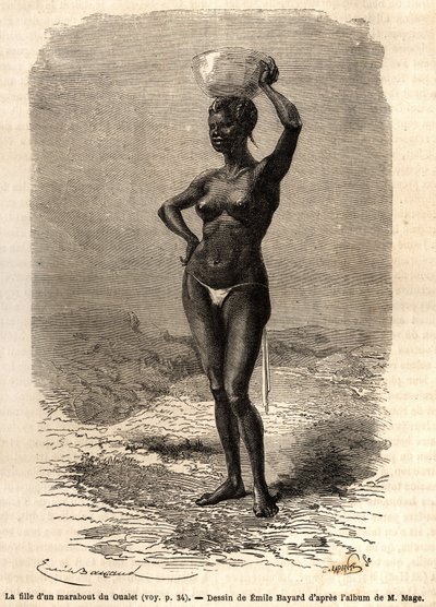 La hija de un marabú de Oualet (Mauritania), llevando una jatte en la cabeza para hacer jabón negro. Grabado para ilustrar el viaje al Sudán Occidental del Teniente (Marina) M. Mage, en 1863-1866, publicado en "Le tour du monde, nouveau journal des voyages de Unknown artist