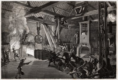 El martillo del tambor (tamborilero) tiene la forja de grandes obras; la enorme pieza a forjar sale del horno deslumbrando a los hombres que maniobran para llevarla bajo el tambor. Grabado para ilustrar un viaje a Le Creusot y las minas de Saona y Loira, e de Unknown artist