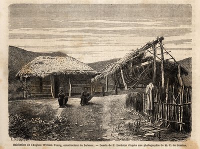 La vivienda y el astillero de un constructor inglés cerca de Noumea, que utiliza mano de obra indígena o los condena hasta el final de su tiempo de trabajo duro. Grabado para ilustrar el viaje a Nueva Caledonia, por Jules Garnier, ingeniero civil de minas, de Unknown artist