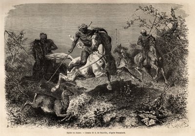 Los dayaks (indígenas de Borneo) cazando, montando y con armas de lazo. Grabado para ilustrar el viaje en el archipiélago malayo, por Alfred Russell Wallace, en 1854-1862, publicado en “Le tour du monde” 1870-1871, editado por Edouard Charton, Hachette de Unknown artist
