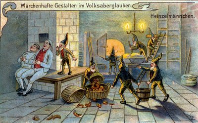 Los elfos, personajes maravillosos de la tradición popular: preparan pan mientras los panaderos duermen. Cromolitografía del siglo XIX. de Unknown artist