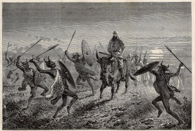 La escolta asignada al viajero Baker, realiza una fantasía antes de partir hacia el lago Alberto (o Albert Nyanza). Grabado para ilustrar el viaje al lago Alberto, en 1861-1864, de Sir Samuel White Baker, en “Le tour du monde, nouveau journal des voyages” de Unknown artist