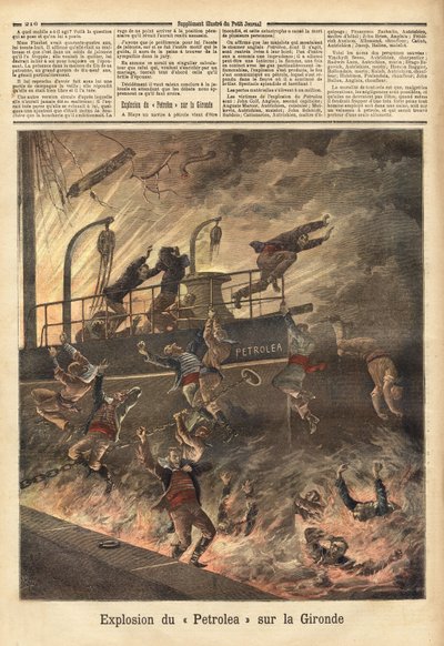 La explosión del “Petrolea”, un vapor inglés que transportaba petróleo, en Blaye, en el Gironde. Grabado en “Le petit journal” 4/06/1892. Colección Selva. de Unknown artist