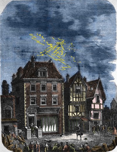 El primer pararrayos establecido por Benjamin Franklin en una casa en Filadelfia (EE.UU.). 1760 de Unknown artist