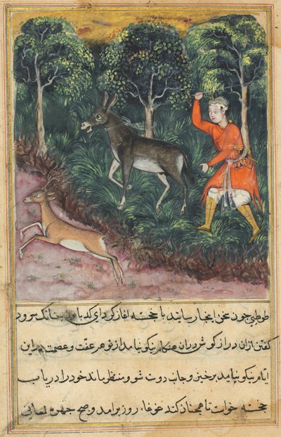 El jardinero agarra y golpea a un burro que insistía en rebuznar, mientras el ciervo, su compañero, huye a salvo, de un Tuti-nama (Cuentos de un loro): Cuadragésima primera noche de Unknown artist