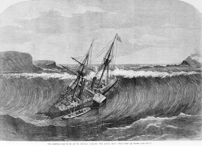 La ola gigante del tsunami de diciembre de 1867 en Saint Thomas, Islas Vírgenes, cae sobre el barco con ruedas La Plata. Grabado del siglo XIX. de Unknown artist