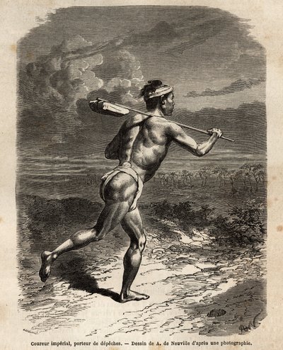 El corredor imperial, llevando los despachos del Mikado. Grabado para ilustrar el viaje a Japón, en 1863-1864, por Aime Humbert, ministro de la Confederación Suiza, en “Le tour du monde, nouveau journal des voyages” publicado bajo la dirección de Edouard C de Unknown artist