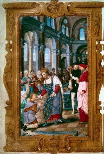 El rey toca, Dios te oye. El rey Enrique II (1519-1559), taumaturgo, cura a un enfermo de escrófulas en la abadía de Saint Marcoul, justo después de la ceremonia de coronación en Reims. Cerca de él el arco de Reims. Miniatura de “Las Horas de Enrique II” 1 de Unknown artist
